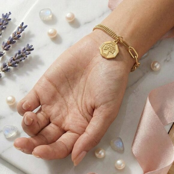 18K Gold Plated Stainless Steel Tree of Life Charm Paperclip Chain Bracelet - Picture 9 of 15